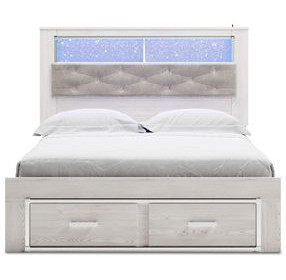 Altyra White and Gray Upholstered Bookcase Storage Bedroom Set with LED