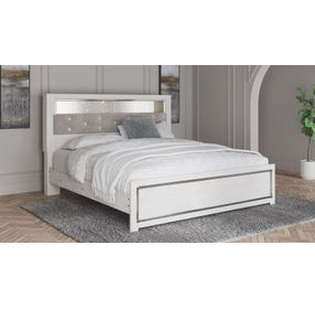 Altyra White and Gray King Upholstered Bookcase Panel Bed with LED