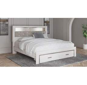 Altyra White and Gray King Upholstered Bookcase Storage Bed with LED