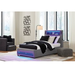 Wronske Gray Twin Upholstered Panel Bed with LED