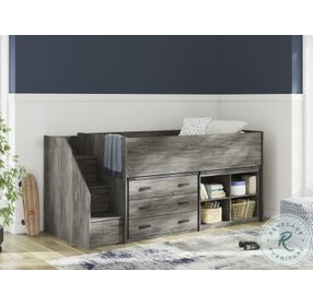 Frandern Gray Twin Loft Bed with Bookcase and Drawer Storage
