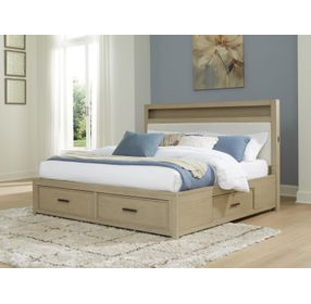 Calmoro Gray Wash and White Queen Upholstered Bookcase Storage Panel Bed with USB Charging