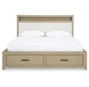 Calmoro Gray Wash and White Upholstered Bookcase Storage Panel Bedroom Set with USB Charging