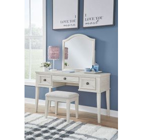 Robbinsdale Antique White Mirrored Vanity Desk with Bench