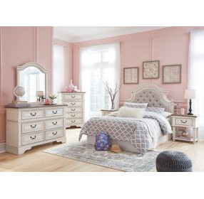 Realyn Chipped White and Brown 6 Drawer Dresser and Arched Mirror