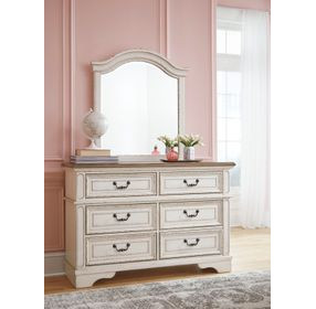 Realyn Chipped White and Brown 6 Drawer Dresser and Arched Mirror