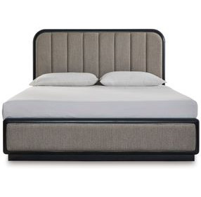 Rowanbeck Gray and Black King Upholstered Panel Bed
