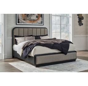 Rowanbeck Gray and Black King Upholstered Panel Bed
