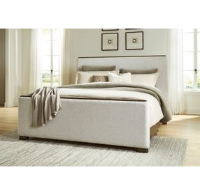 Brillynd Burnished Brown and White Performance Fabric King Upholstered Panel Bed