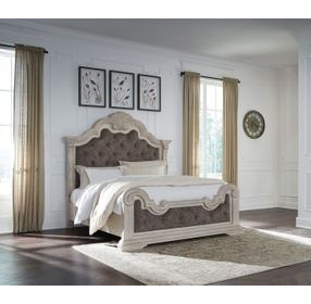 Valleymont Antique White and Gray King Upholstered Panel Bed