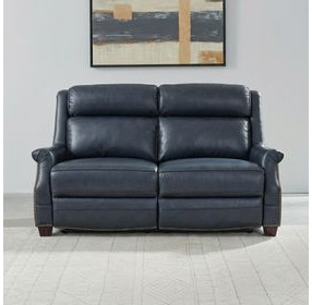 Warrendale Shoreham Blue Leather 60" Power Reclining Loveseat with Nailhead Trim and USB Charging