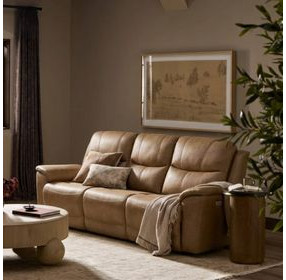 Kaden Elliott Taupe Leather 88" Power Reclining Sofa with Power Lumbar and USB Charging