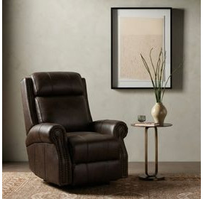 Blair Ashford Walnut Leather Power Recliner with Nailhead Trim and USB Charging