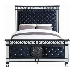 Varian II Dark Navy and Silver Upholstered Panel Bedroom Set with Nailhead Trim