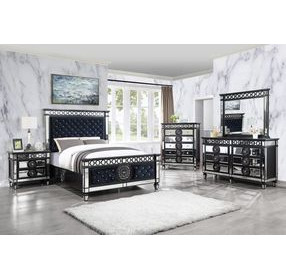 Varian II Dark Navy and Silver Queen Upholstered Panel Bed with Nailhead Trim