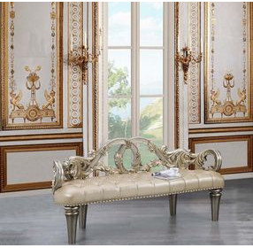 Danae Champagne Upholstered Accent Bench with Tufted and Nailhead Trim