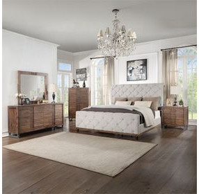 Andria Reclaimed Oak and Beige Queen Upholstered Panel Bed