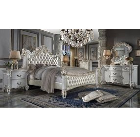 Vendome Beige and Antique Pearl King Upholstered Panel Bed with Nailhead Trim