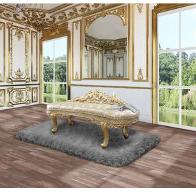 Cabriole Light Gold Upholstered Accent Bench with Tufted and Nailhead Trim