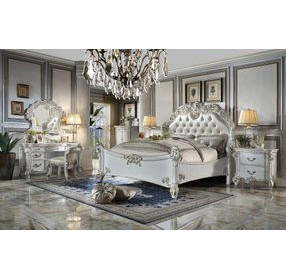 Vendome Beige and Antique Pearl California King Upholstered Panel Bed with Nailhead Trim