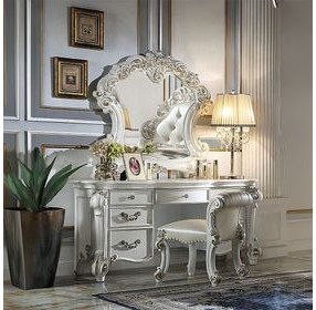 Vendome Beige Upholstered Vanity Stool with Nailhead Trim