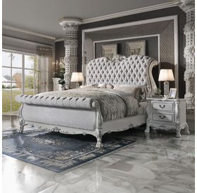 Dresden Bone White Queen Upholstered Sleigh Bed with Nailhead Trim