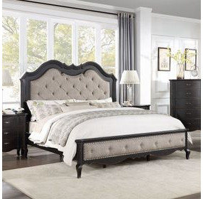 Chelmsford Beige and Antique Black King Upholstered Panel Bed with Nailhead Trim