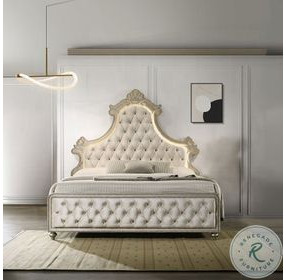 Lucienne Beige Velvet Queen Upholstered Bed with LED Lighting