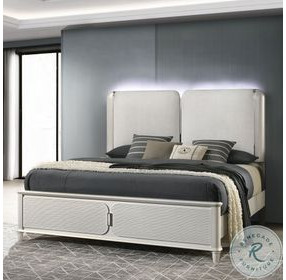 Laveda Light Gray Boucle and Pearl White Eastern King Upholstered Bed with LED Lighting
