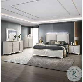 Laveda Light Gray Boucle and Pearl White Upholstered Bedroom Set