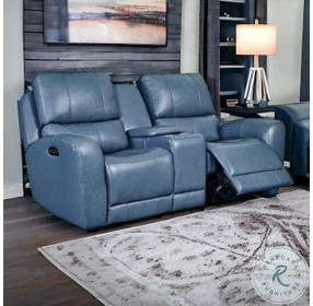 BelleAvenue Persian Blue Leather 76" Lay Flat Power Reclining Console Loveseat with Power Headrest and USB Charging