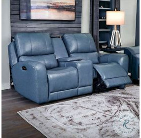 BelleAvenue Persian Blue Leather 76" Lay Flat Power Reclining Console Loveseat with Power Headrest and USB Charging