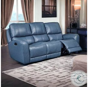 Bel Air Persian Blue Leather 85" Lay Flat Power Reclining Sofa with Power Headrest and USB Charging