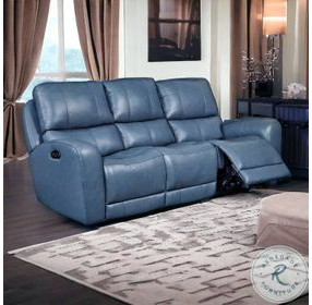 BelleAvenue Persian Blue Leather 85" Lay Flat Power Reclining Sofa with Power Headrest and USB Charging