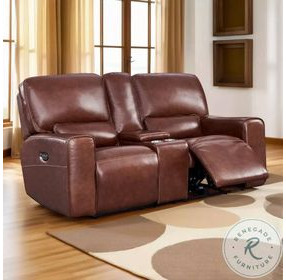 Broadway Brown Leather 79" Lay Flat Power Reclining Console Loveseat with Power Headrest and USB Charging