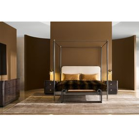 Campaign Brushed Deep Bronze and Champagne Gold Performance Fabric Upholstered King Canopy Bed