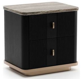 Rhythm Black Stained Ash and Neutral Metallic 2 Drawer Small Nightstand with Travertine Top