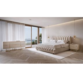 Well Balanced Ecru Velvet Upholstered King Panel Bed