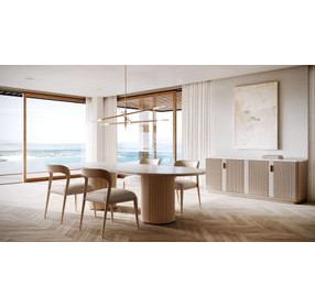 Rhythm Sun Drenched Oak and Neutral Metallic 4 Door Sideboard with Travertine Top