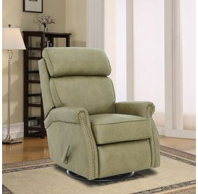 Crews Oasis Olive Leather Swivel Glider Recliner with Nailhead Trim