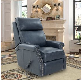 Crews Barone Navy Blue Leather Swivel Glider Recliner with Nailhead Trim