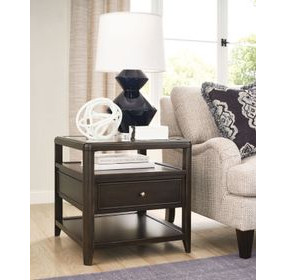 Whitaker Distressed Dark Stain Rectangular Glass Top Drawer End Table