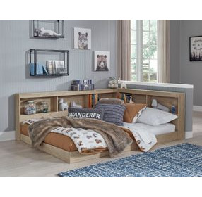 Oliah Natural Full Bookcase Storage Bed with USB Charging