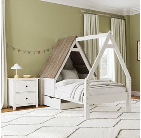 Lodge Cookies and Cream Twin Novelty Bed with Half Roof and Window