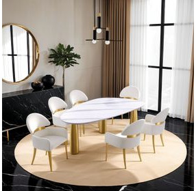 Northam Matte Gold and White 79" Rectangular Sintered Stone Top Dining Table