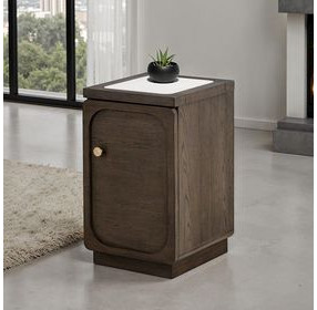Vellara Dark Walnut and White Rectangular Quartz Stone Top Chairside Table with USB Charging