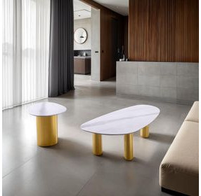 Northwich White and Matte Gold Rectangular Sintered Stone Top Occasional Table Set