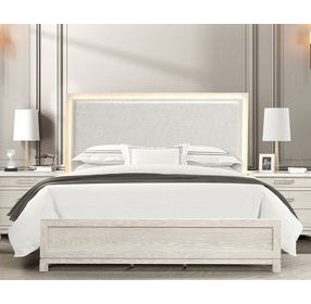 Lafayette Weathered Gray Upholstered Panel Bedroom Set with LED Light