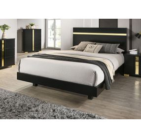 Lillestrom Black and Gold Panel Bedroom Set with Underbed LED Light
