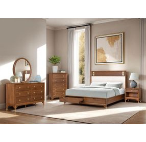 Hepburne Walnut and White King Upholstered Storage Panel Bed with LED